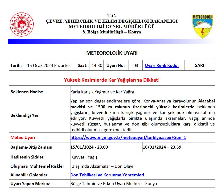 Hem Meteorolojiden Hem De Konya Akom Dan Uyar O B Lgeye Kuvvetli Kar