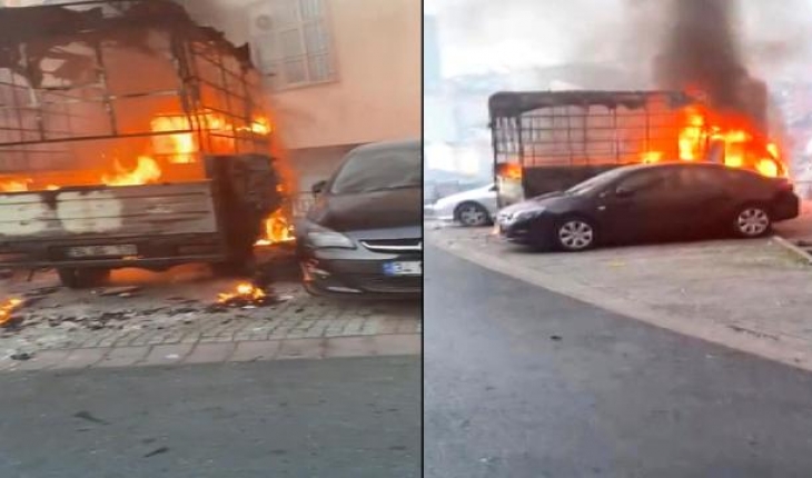 Isınmak için yakılan ateşle kamyonet küle döndü