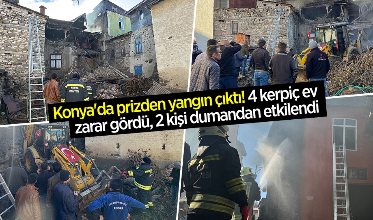 Konya'da prizden çıkan yangından 4 kerpiç ev zarar gördü, 2 kişi dumandan etkilendi